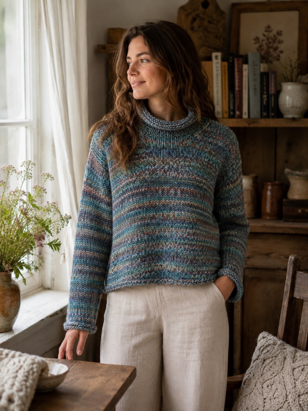 Columbia wool blend sweater L boxy chunky knit roll hem turtleneck cottage core